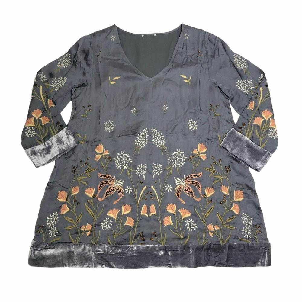 Sundance Catalog Embroidered Floral Tunic Top Silky Boho Velvet Trim XL NewTgCut